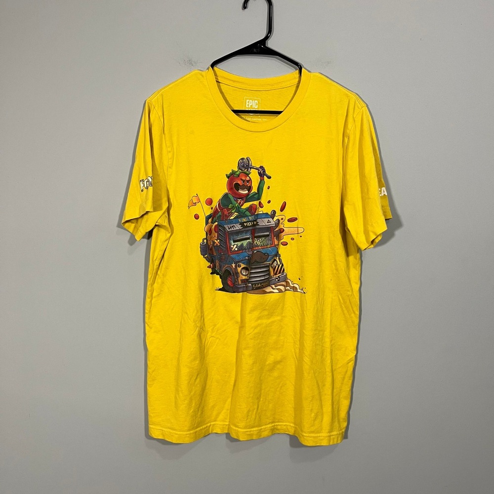 Epic Games Fortnite Dev Team Tomatohead Pizza Truck Yellow T-Shirt Mens Large